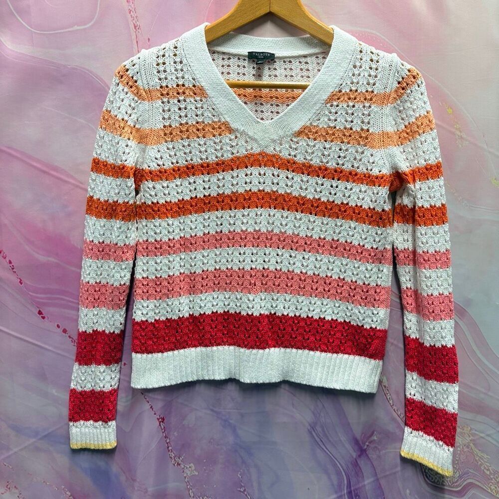 Talbots SP Multicolor Open Knit Striped Sweater Preppy Retro Chic Boho Old Money
